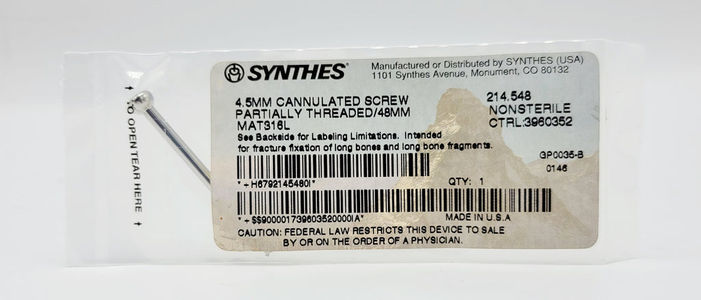 Synthes 214.548 4.5mm Cannulated Screw Partially Threaded/48mm