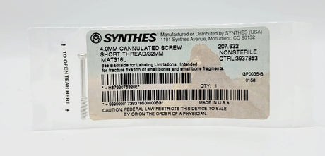 Synthes 207.632 4.0mm Cannulated Screw Short Thread/32mm Synthes
