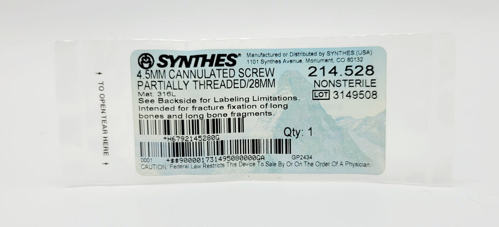 Synthes  214.528 4.5MM CANNULATED SCREW PARTIALLY THREADED/28MM