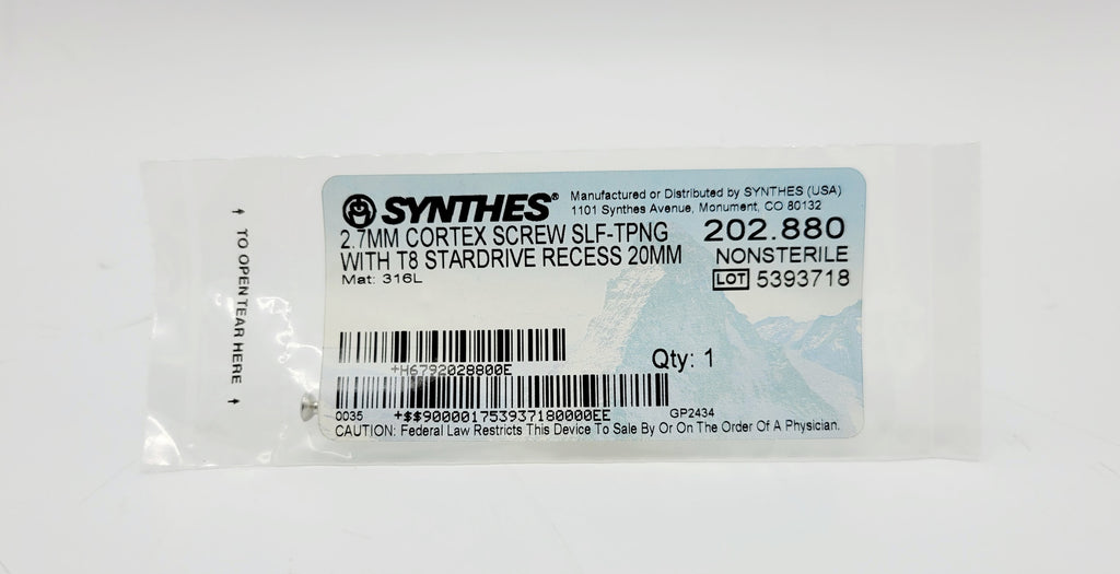 Synthes 202.880 2.7mm Cortex Screw Self-tapping With T8 Stardrive Recess 20mm