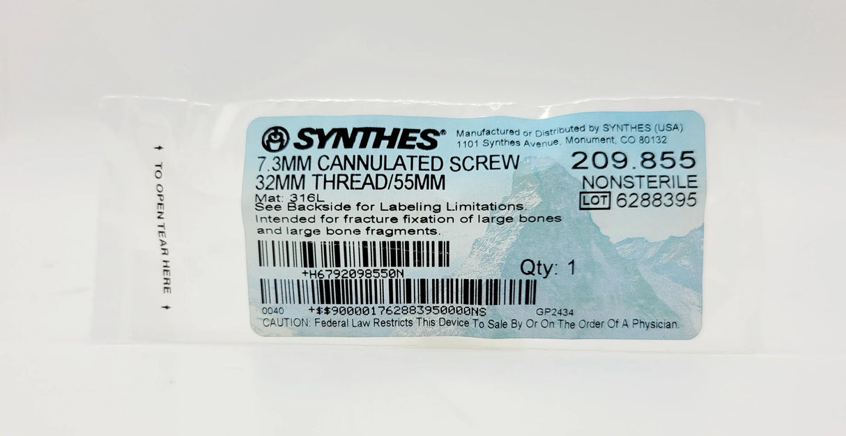Synthes 209.855 7.3mm Cannulated Screw 32mm Thread/55mm Synthes