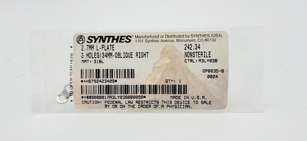 Synthes 242.34 2.7mm L-plate 3 Holes/34mm-oblique Right