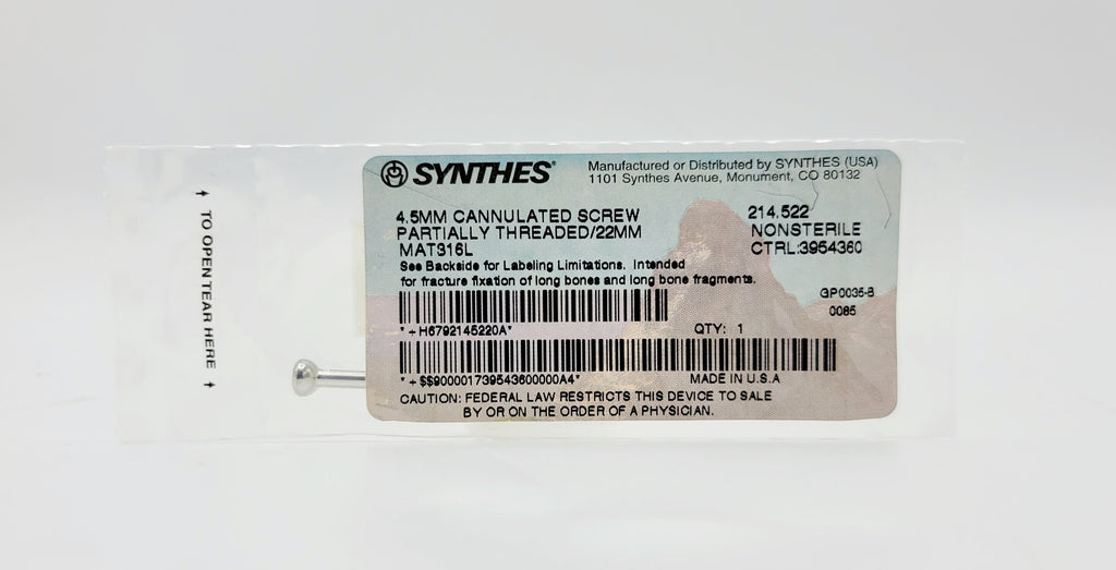 Synthes 214.522 4.5mm Cannulated Screw Partially Threaded/22mm