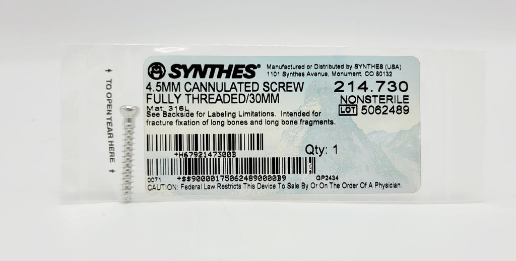 Synthes 214.730 4.5mm Cannulated Screw Fully Threaded/30mm