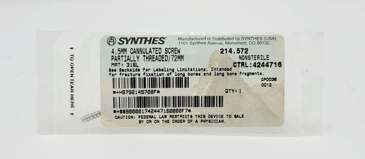 Synthes 214.572 4.5mm Cannulated Screw Partially Threaded/72mm Synthes