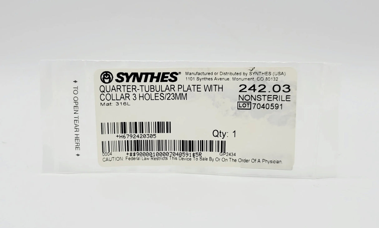 Synthes 242.03 Quarter-tubular Plate With Collar 3 Holes/23mm Synthes