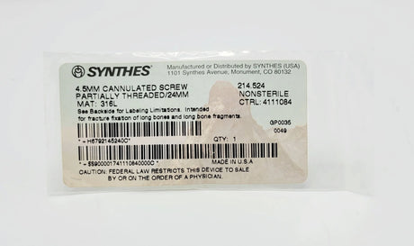 Synthes 214.524 4.5mm Cannulated Screw Partially Threaded/24mm Synthes