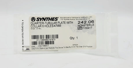 Synthes 242.06 Quarter-tubular Plate With Collar 6 Holes/47mm Synthes