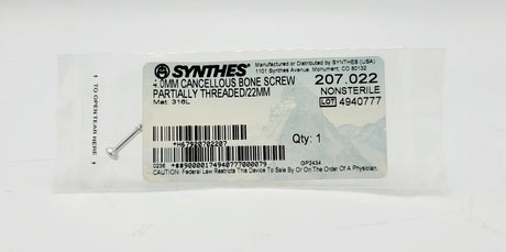 Synthes 207.022 4.0mm Cancellous Bone Screw Partially Threaded/22mm Synthes