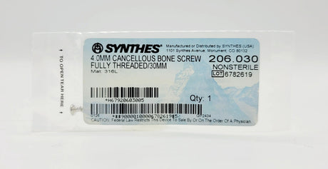 Synthes 206.030 4.0mm Cancellous Bone Screw Fully Threaded/30mm Synthes