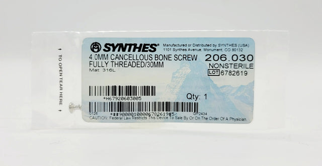 Synthes 206.030 4.0mm Cancellous Bone Screw Fully Threaded/30mm Synthes