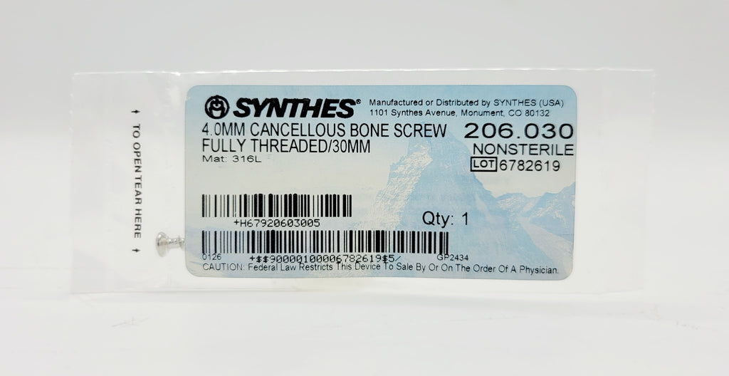 Synthes 206.030 4.0mm Cancellous Bone Screw Fully Threaded/30mm