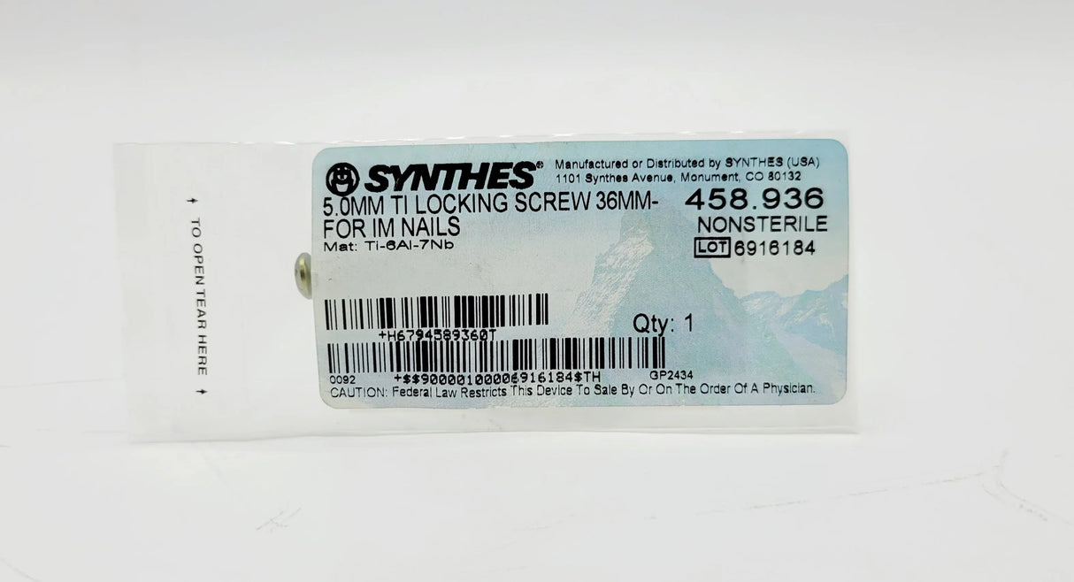 Synthes 458.936 5.0mm Titanium Locking Screw 36mm- For IM Nails Synthes