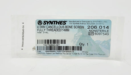 Synthes 206.014 4.0mm Cancellous Bone Screw Fully Threaded/14mm Synthes