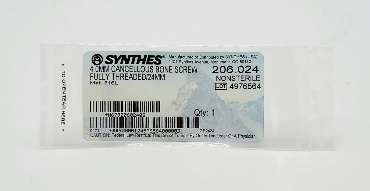 Synthes 206.024 4.0mm Cancellous Bone Screw Fully Threaded/24mm Synthes