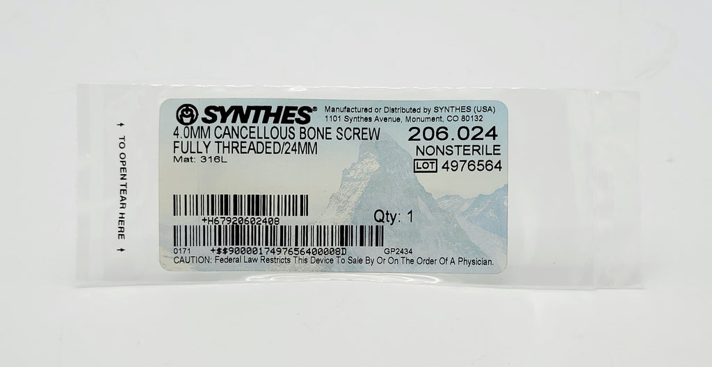 Synthes 206.024 4.0mm Cancellous Bone Screw Fully Threaded/24mm