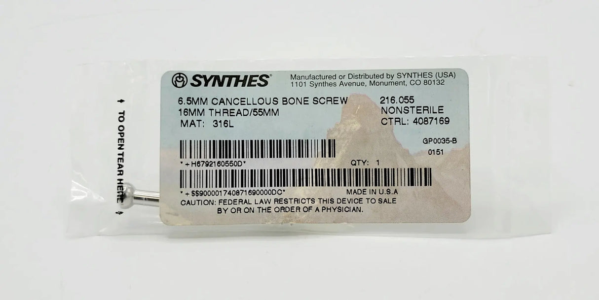 Synthes 216.055 6.5mm Cancellous Bone Screw 16mm Thread 55mm Synthes