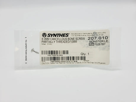 Synthes 207.010 4.0mm Cancellous Bone Screw Partially Threaded/10mm Synthes