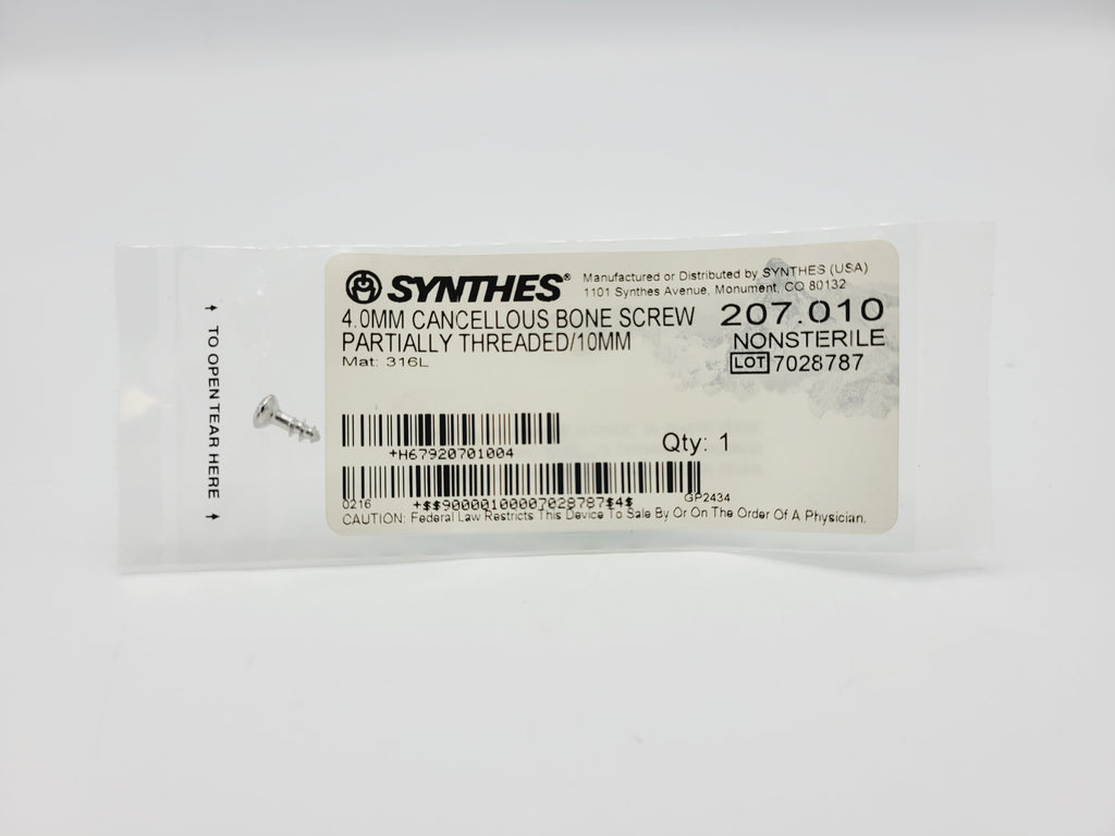 Synthes 207.010 4.0mm Cancellous Bone Screw Partially Threaded/10mm