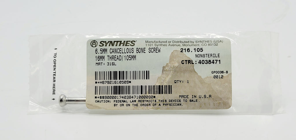 Synthes 216.105 6.5mm Cancellous Bone Screw 16mm Thread/105mm