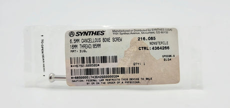 Synthes 216.085 6.5mm Cancellous Bone Screw 16mm Thread/85mm Synthes