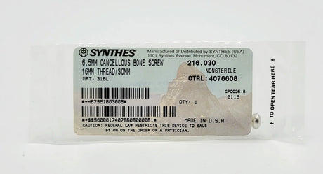 Synthes 216.030 6.5mm Cancellous Bone Screw 16mm Thread/30mm Synthes