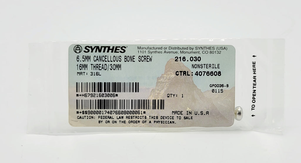 Synthes 216.030 6.5mm Cancellous Bone Screw 16mm Thread/30mm