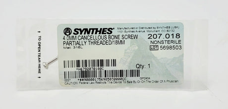 Synthes 207.018 4.0mm Cancellous Bone Screw Partially Threaded/18mm Synthes