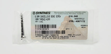 Synthes 216.040 6.5mm Cancellous Bone Screw 16mm Thread/40mm Synthes