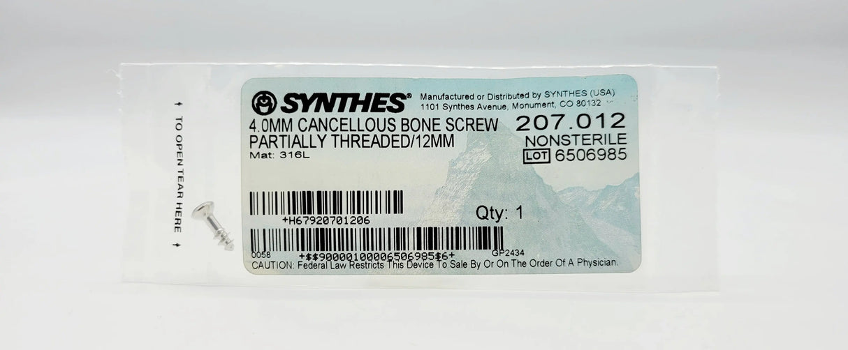 Synthes 207.012 4.0mm Cancellous Bone Screw Partially Threaded/12mm Synthes