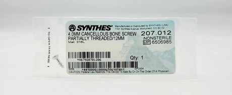 Synthes 207.012 4.0mm Cancellous Bone Screw Partially Threaded/12mm Synthes
