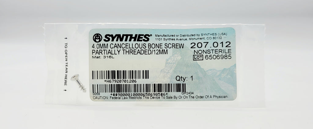 Synthes 207.012 4.0mm Cancellous Bone Screw Partially Threaded/12mm