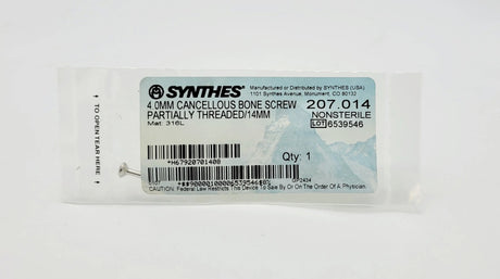 Synthes 207.014 4.0mm Cancellous Bone Screw Partially Threaded/14mm Synthes
