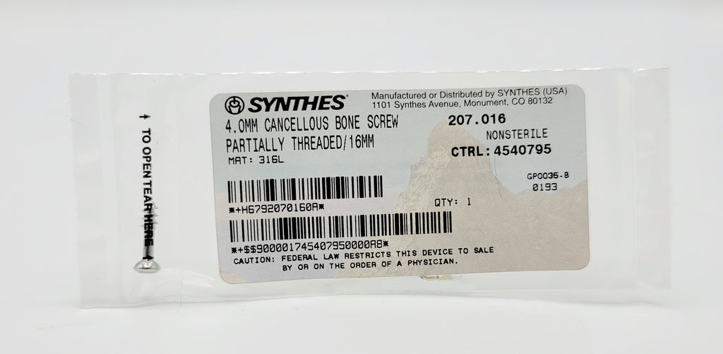 Synthes 207.016 4.0mm Cancellous Bone Screw Partially Threaded/16mm