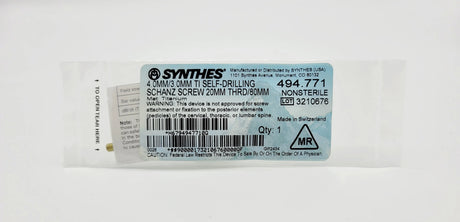 Synthes 494.771 4.0mm/3.0mm Titanium Self-drilling Schanz Screw 20mm Thread/80mm Synthes