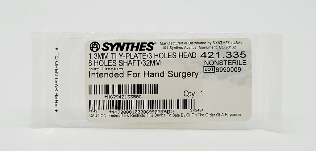 Synthes  421.335 1.3MM TI Y-PLATE/3 HOLES HEAD 8 HOLES SHAFT/32MM