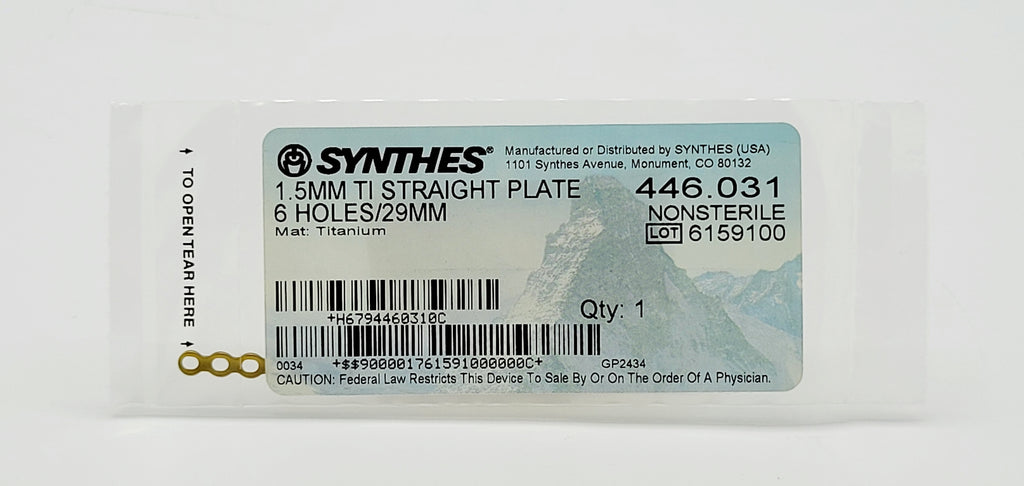 Synthes  446.031 1.5MM TI STRAIGHT PLATE 6 HOLES/29MM