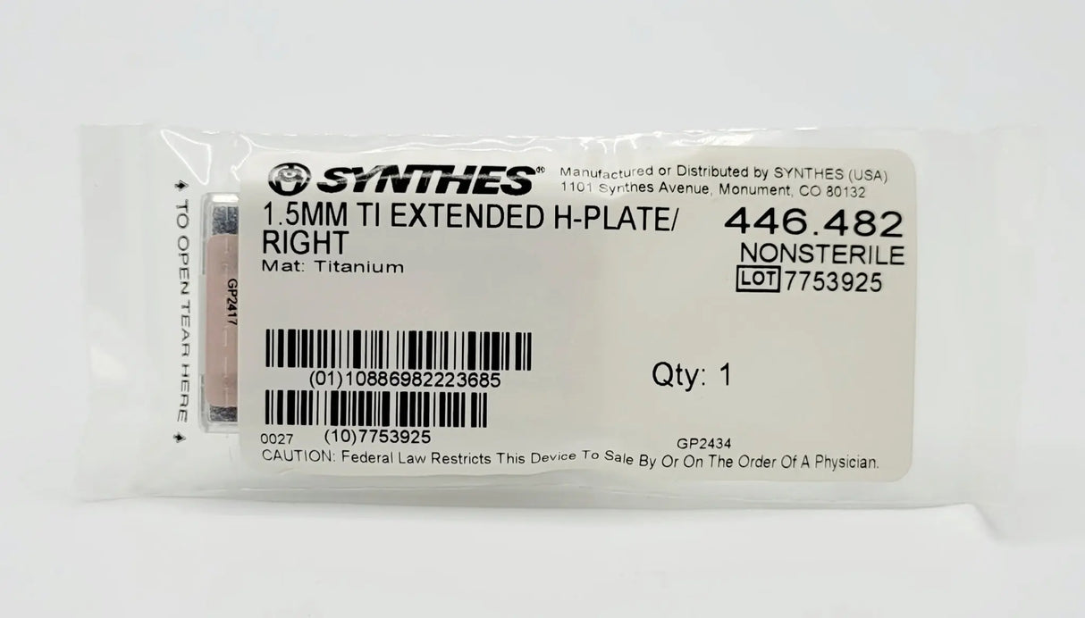 Synthes 446.482 1.5mm TI Extended H-Plate Right Synthes