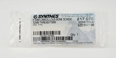 Synthes 217.070 6.5mm Cancellous Bone Screw 32mm Thread/70mm Synthes
