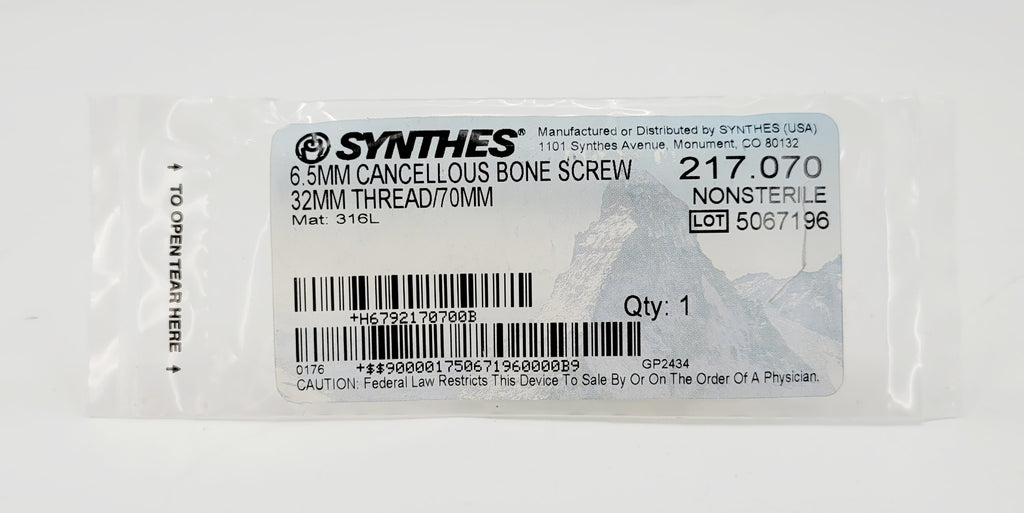 Synthes 217.070 6.5mm Cancellous Bone Screw 32mm Thread/70mm