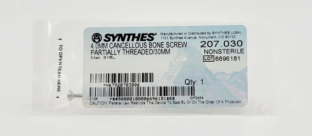 Synthes 207.030 4.0mm Cancellous Bone Screw Partially Threaded/30mm Synthes
