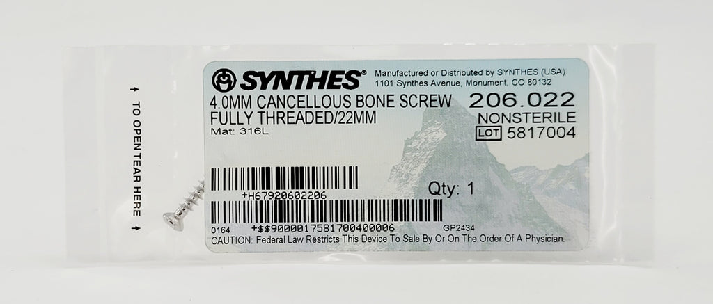 Synthes 206.022 4.0mm Cancellous Bone Screw Fully Threaded/22mm