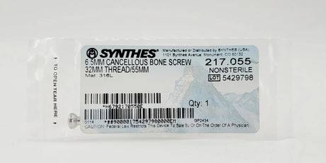 Synthes 217.055 6.5mm Cancellous Bone Screw 32mmThreaded 55mm Synthes