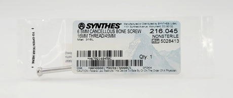 Synthes 216.045 6.5mm Cancellous Bone Screw 16mm Threaded 45mm Synthes