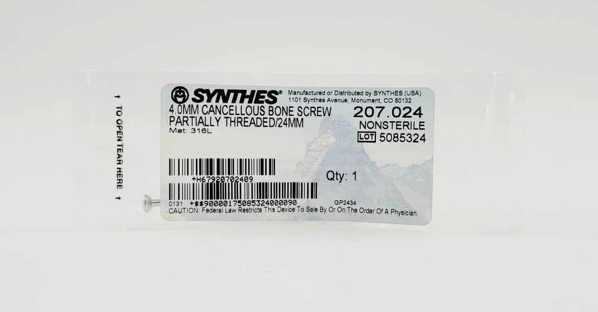 Synthes 207.024 4.0mm Cancellous Bone Screw Partially Threaded 24mm Synthes