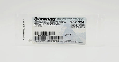 Synthes 207.024 4.0mm Cancellous Bone Screw Partially Threaded 24mm Synthes