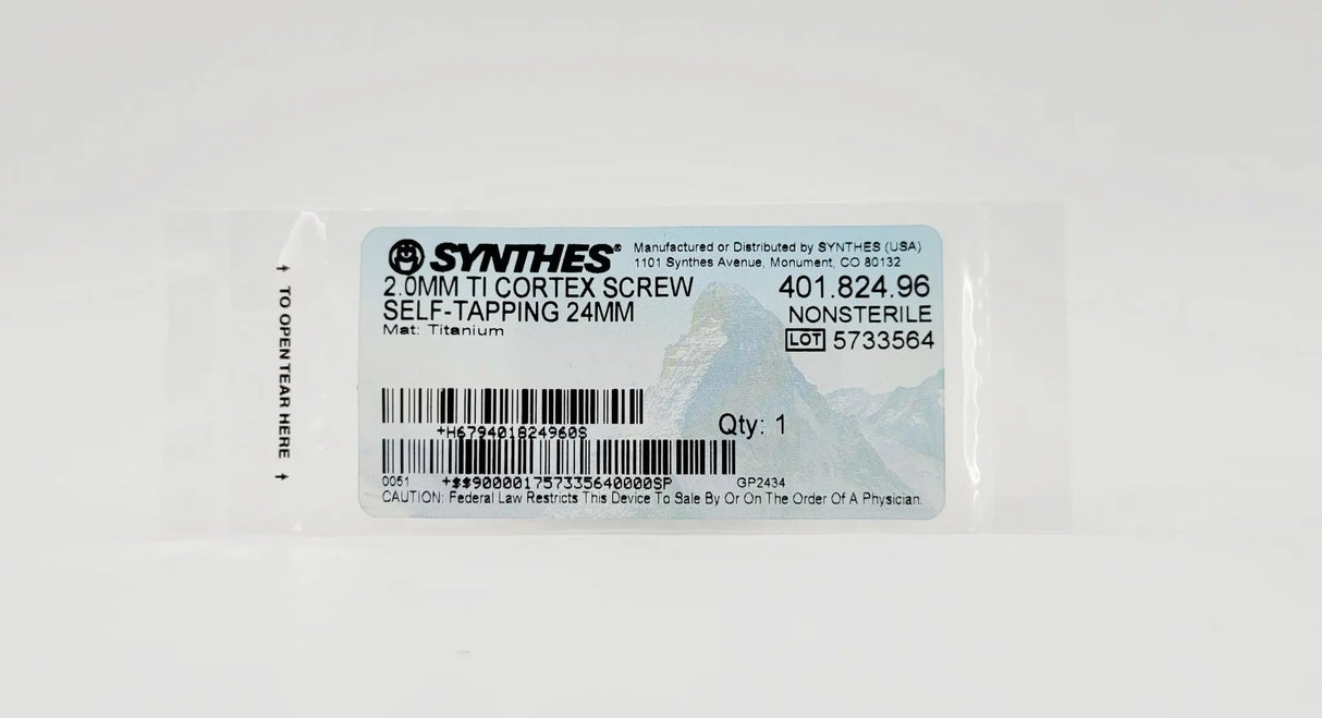 Synthes 401.824.96 2.0mm TI Cortex Screw Self-Tapping 24mm Synthes