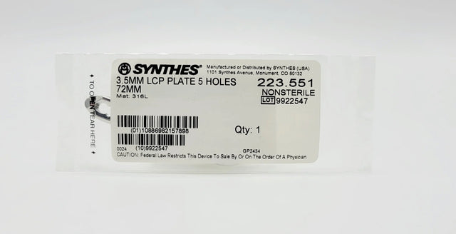 Synthes  223.551 3.5MM LCP PLATE 5 HOLES 72MM Synthes
