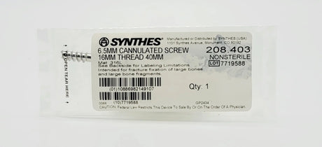 Synthes 208.403 6.5mm Cannulated Screw 16mm Thread 40mm Synthes