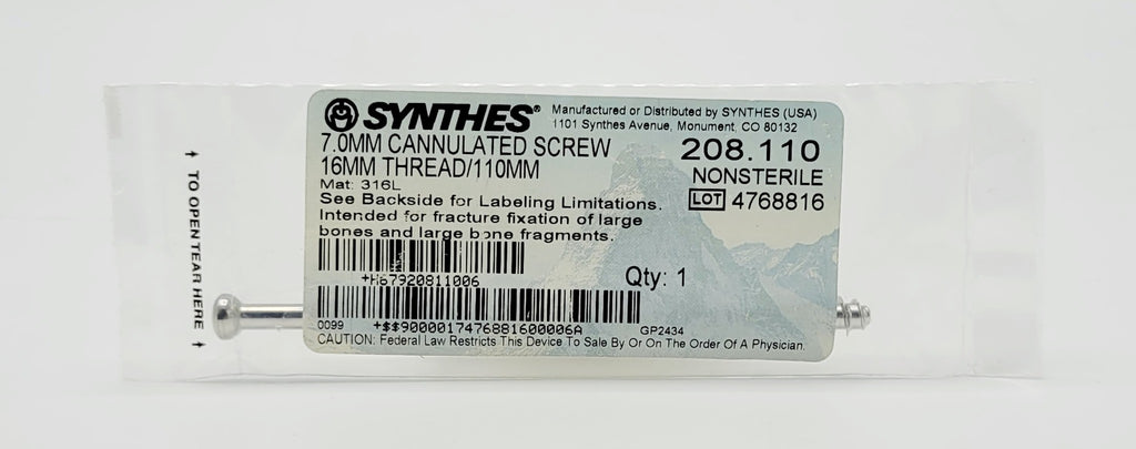 Synthes 208.110 7.0mm Cannulated Screw 16mm Thread 110mm